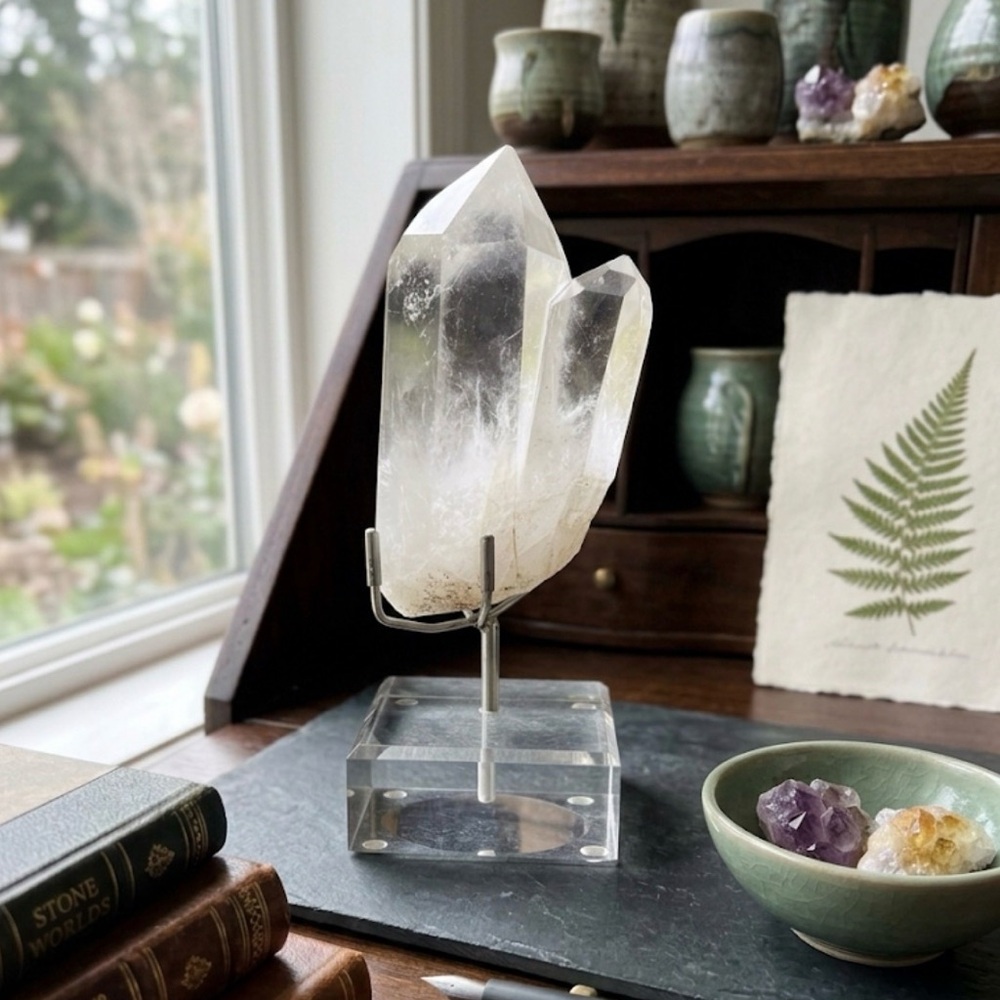 Natural Clear Quartz TANTRIC TWIN Crystal Soulmate Obelisk Stand 504g